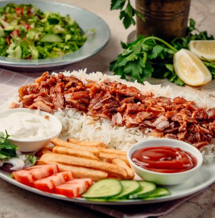 iskender kebab with rice vegetables 1